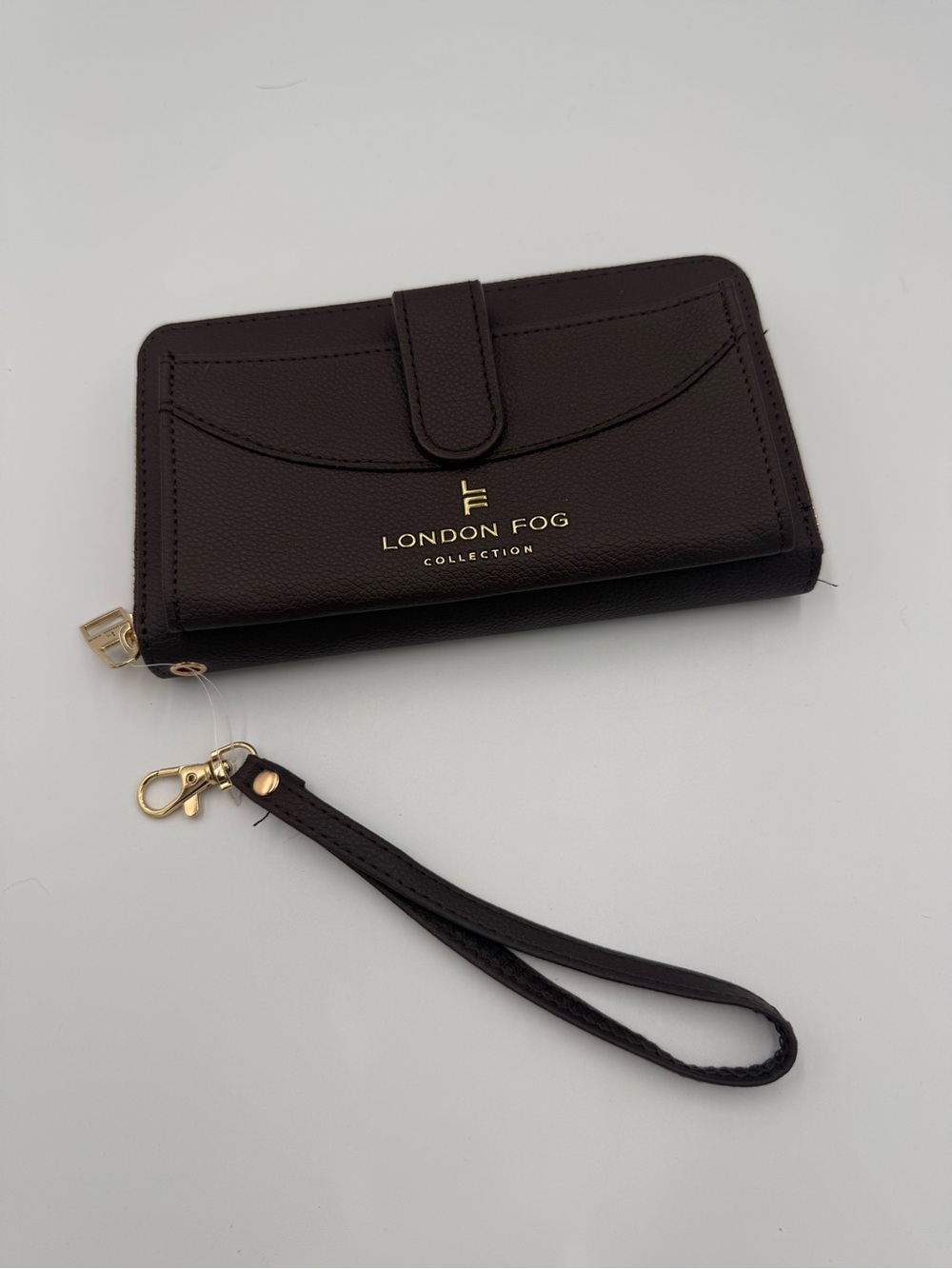 London Fog Chocolate Brown Wristlet Wallet with Gold Accents